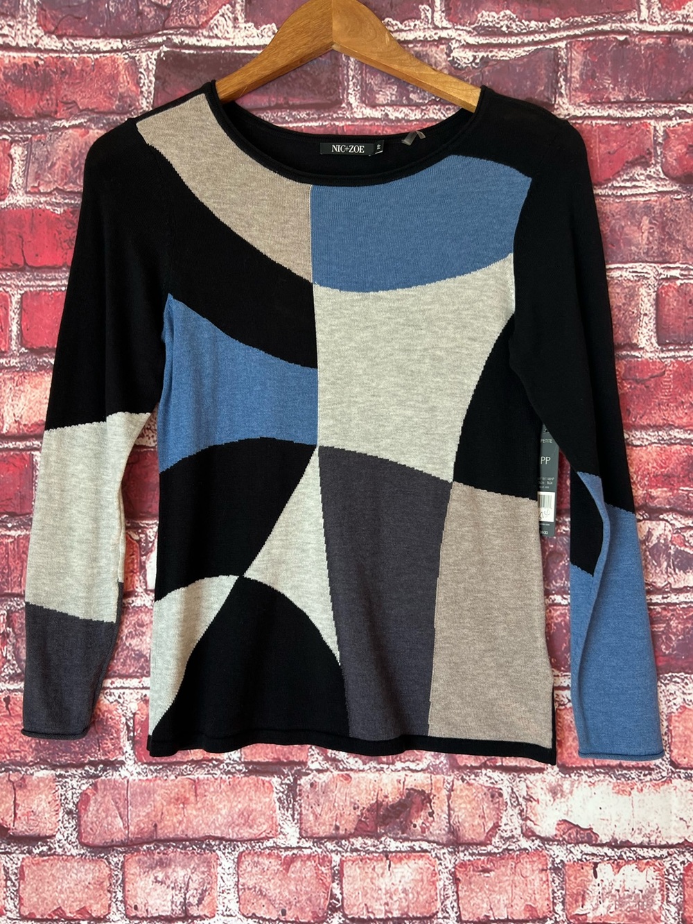 Nic+Zoe Colorblock Long Sleeve Crewneck Top - Blue/Black/Gray